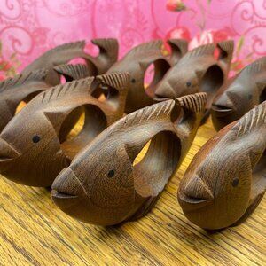 Hand Carved Wooden Fish Napkin Rings Qty 8